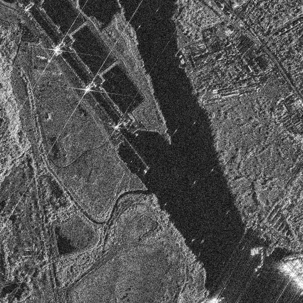 Single-look render of the Gatun Locks — grainy with speckle